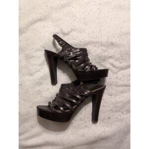 LAUREN RALPH LAUREN FRANCINE Brown Leather Designer Platform Sandals Size 6.5